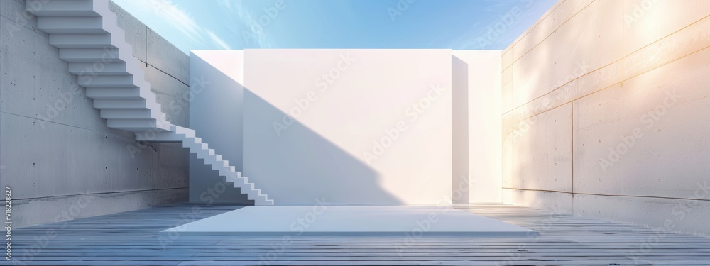 Fototapeta premium The backdrop is a large white sheet with a staircase in one corner. The background has a grey wall and a slight dark blue sky.