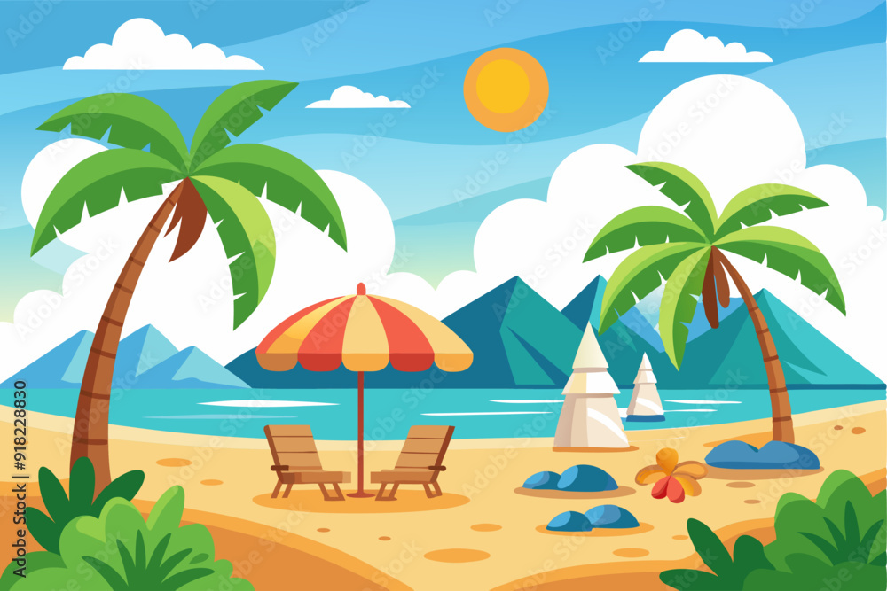 Obraz premium Two Beach Chairs Under a Striped Umbrella on a Tropical Beach