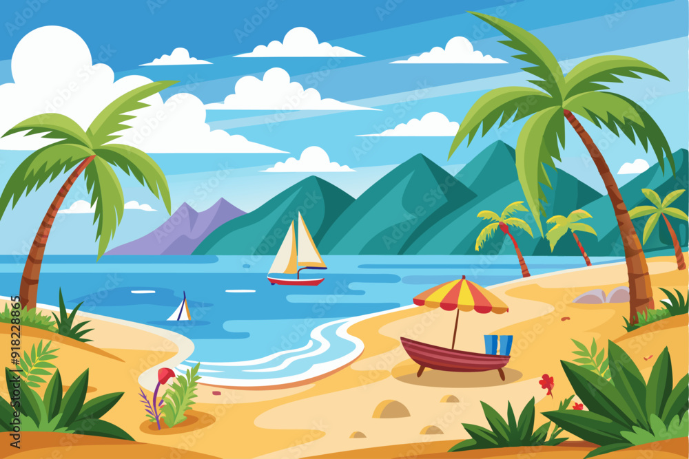 Obraz premium Tropical Beach with Palm Trees, Sailboat, and Boat Under an Umbrella