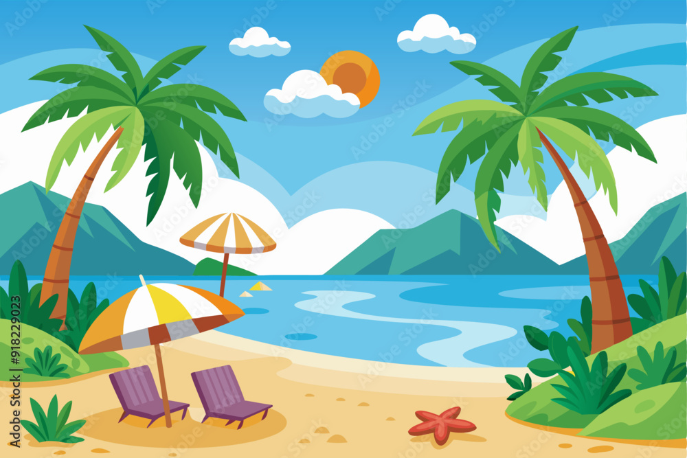 Obraz premium Tranquil Beach Scene with Palm Trees and Beach Chairs