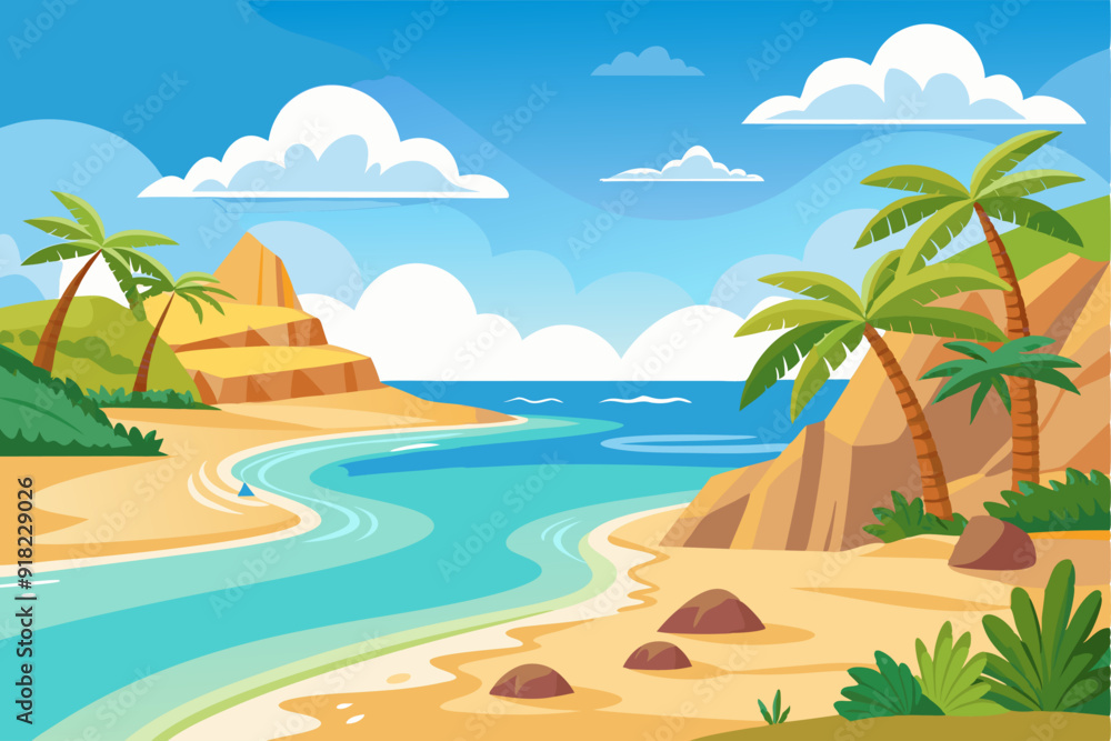Fototapeta premium Tropical Beach Landscape with Palm Trees and Cliffs