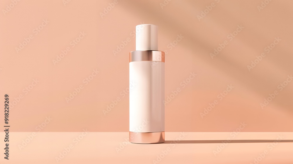 A makeup primer bottle mock-up positioned in front of a light tan gradient background. The bottle is elegantly designed, with sleek lines and a minimalist label A makeup primer bottle mock-up positioned in front of a light tan gradient background. The bottle is elegantly designed, with sleek lines and a minimalist label