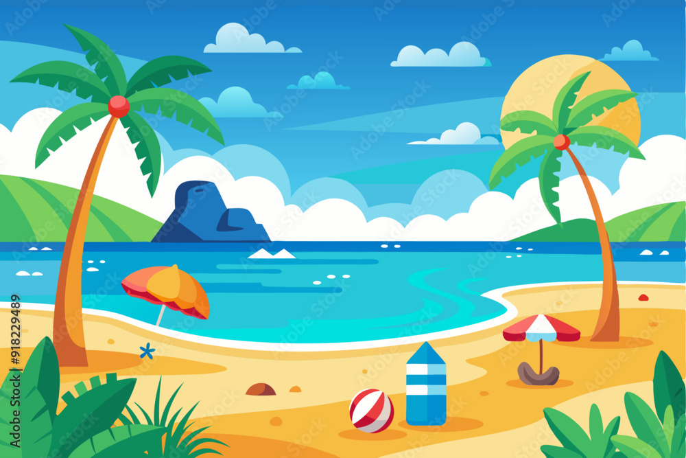 Obraz premium Tropical Beach Scene with Palm Trees, Blue Water, and a Sandy Shore