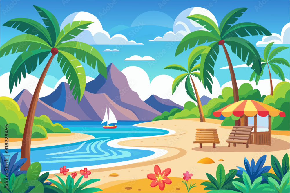 Fototapeta premium Tropical Beach Scene with Palm Trees, Mountains, and a Sailboat