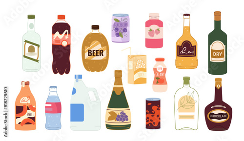 Different drink bottles set. Bar or store assortment collection of drinks in plastic, glass containers and aluminum cans, carbonated soda water and juice, champagne cartoon