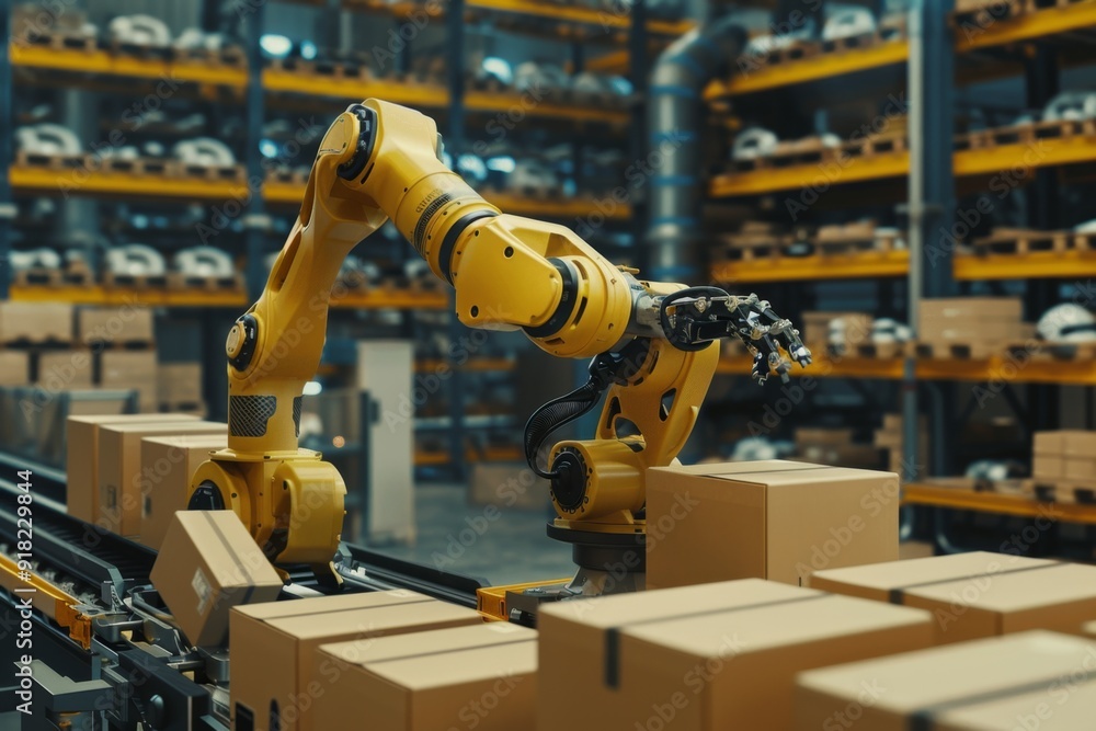 Yellow robotic arm in a warehouse moving boxes on a conveyor belt. Industrial automation in a modern storage facility. Conceptual image of advanced manufacturing technology. Generative AI Yellow robotic arm in a warehouse moving boxes on a conveyor belt. Industrial automation in a modern storage facility. Conceptual image of advanced manufacturing technology. Generative AI