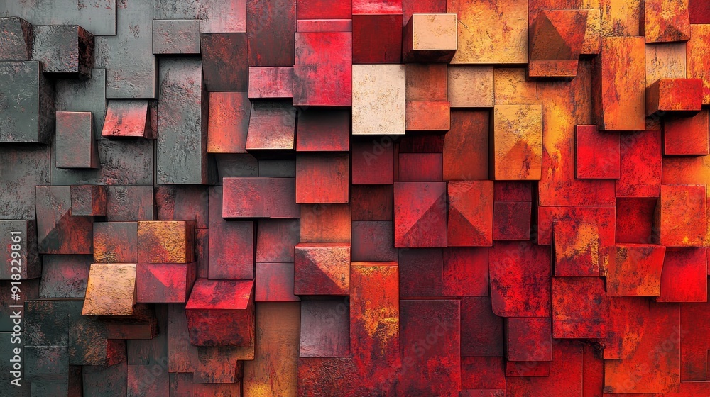 Abstract Red and Orange Geometric Cube Wall Texture - A close-up shot of an abstract wall made of stacked red and orange cubes, creating a dynamic, textured surface with subtle depth and intricate pat Abstract Red and Orange Geometric Cube Wall Texture - A close-up shot of an abstract wall made of stacked red and orange cubes, creating a dynamic, textured surface with subtle depth and intricate pat