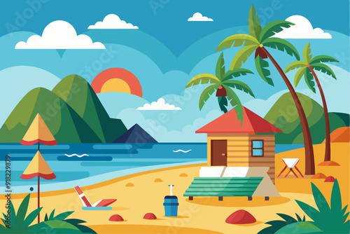 Tropical Beach with a Wooden Cabin, Palm Trees, and a Sunset