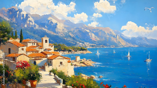 Fototapeta Naklejka Na Ścianę i Meble -  Oil painting of a small town on the Mediterranean Sea, mountains in the background, beautiful summer weather.