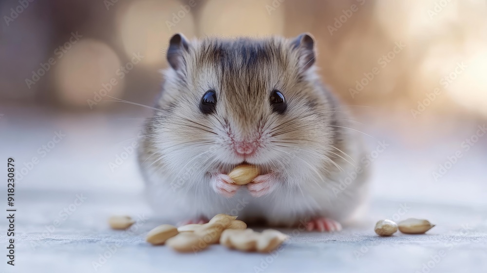 Adorable Hamster Enjoying a Snack of Seeds - A cute hamster sits on a table with a handful of seeds in its paws, looking at the camera with big, curious eyes. It symbolizes cuteness, smallness, curios Adorable Hamster Enjoying a Snack of Seeds - A cute hamster sits on a table with a handful of seeds in its paws, looking at the camera with big, curious eyes. It symbolizes cuteness, smallness, curios