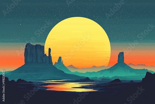 Majestic Sunset Over a Desert Landscape with a Giant Sun