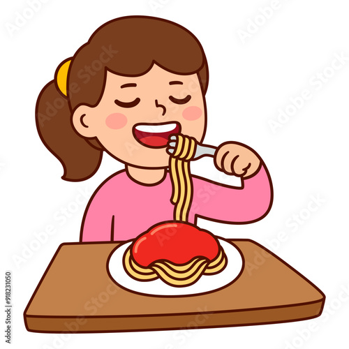 Girl eating spaghetti cartoon drawing