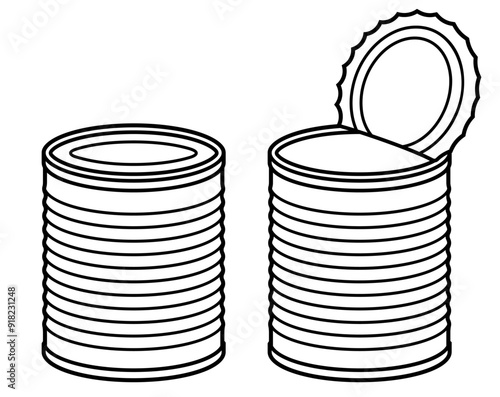 Tin can black and white drawing, open and closed