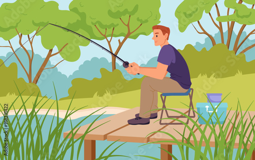 River or lake fishing, summer hobby and leisure of man in nature. Male fisherman sitting on folding chair on wooden pier holding fishing rod to catch fish in water cartoon vector illustration