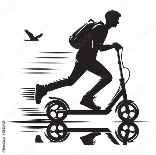 Two wheeled vehicles and riders icon, black color silhouette, white background.