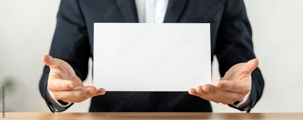 A professional man in a suit holding a blank white card, ready to present or share information in a business environment. A professional man in a suit holding a blank white card, ready to present or share information in a business environment.
