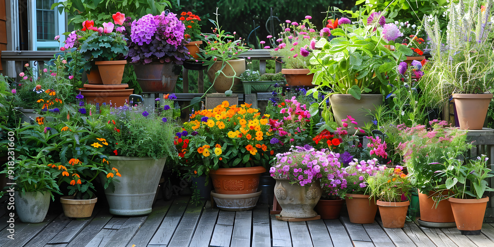 Naklejka premium Sunny flower garden and garden tools