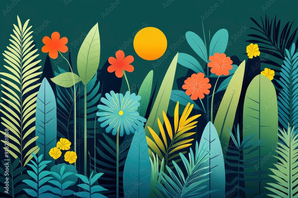 Fotografie Vibrant Tropical Floral Pattern with Sunburst
