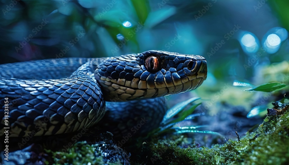 A snake is laying on the ground in a forest A snake is laying on the ground in a forest