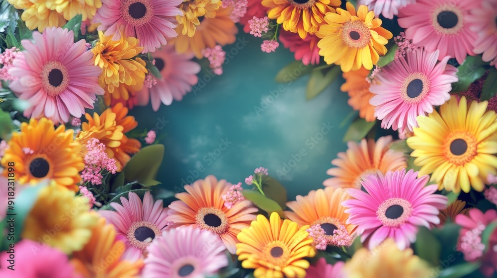 Beautiful Floral Frame with a Soft Blue Background - A vibrant arrangement of colorful flowers, creating a delicate frame around a soft blue background, symbolizing beauty, nature, freshness, growth, Beautiful Floral Frame with a Soft Blue Background - A vibrant arrangement of colorful flowers, creating a delicate frame around a soft blue background, symbolizing beauty, nature, freshness, growth,