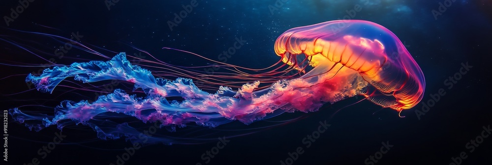 Bioluminescent Jellyfish Glowing in the Deep Sea - A vibrant jellyfish ...