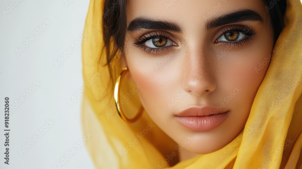 Beautiful Woman in Yellow Headscarf with Golden Earrings - A young woman with dark hair and golden earrings is wearing a yellow headscarf. She is looking directly at the camera with a soft, natural ex Beautiful Woman in Yellow Headscarf with Golden Earrings - A young woman with dark hair and golden earrings is wearing a yellow headscarf. She is looking directly at the camera with a soft, natural ex