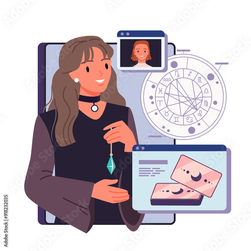Fortune telling online using astrology horoscope, tarot cards. Female fortuneteller reading clients destiny on natal circle chart with constellations, magic zodiac cartoon vector illustration