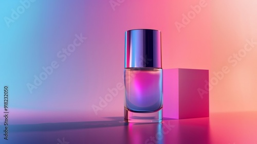 Stylish pink cosmetic bottle on vibrant background with gentle shadows, ideal for beauty product branding. Gradient hues and ample white space for creams, lotions, serums, and gels