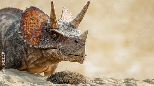 Protoceratops guarding nest in a sandy dune landscape, CGI dinosaurs, protective parent photo