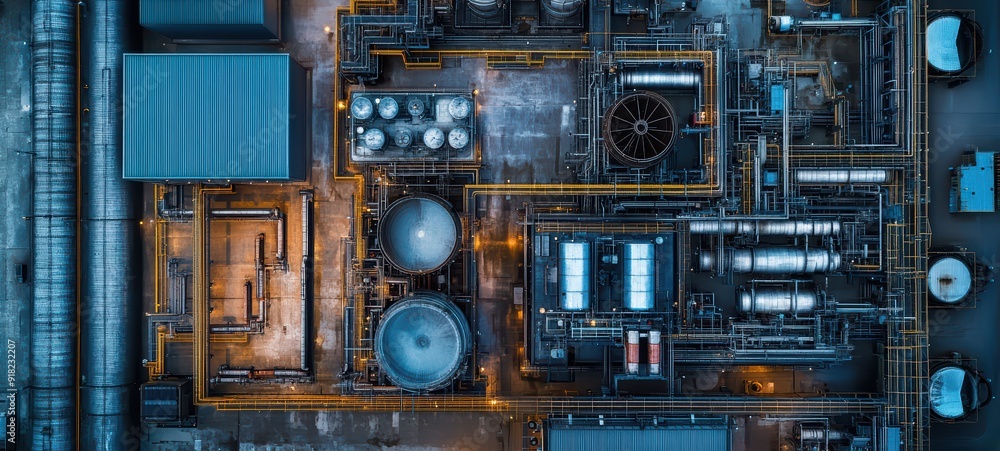 Fototapeta premium Large industrial facility, showing the layout of the boiler room, water treatment units, and interconnected systems