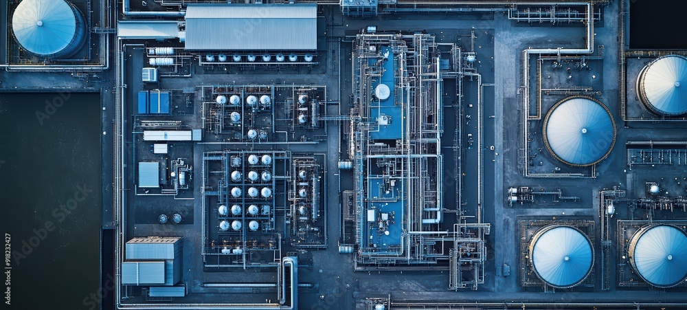 Large industrial facility, showing the layout of the boiler room, water treatment units, and interconnected systems Large industrial facility, showing the layout of the boiler room, water treatment units, and interconnected systems