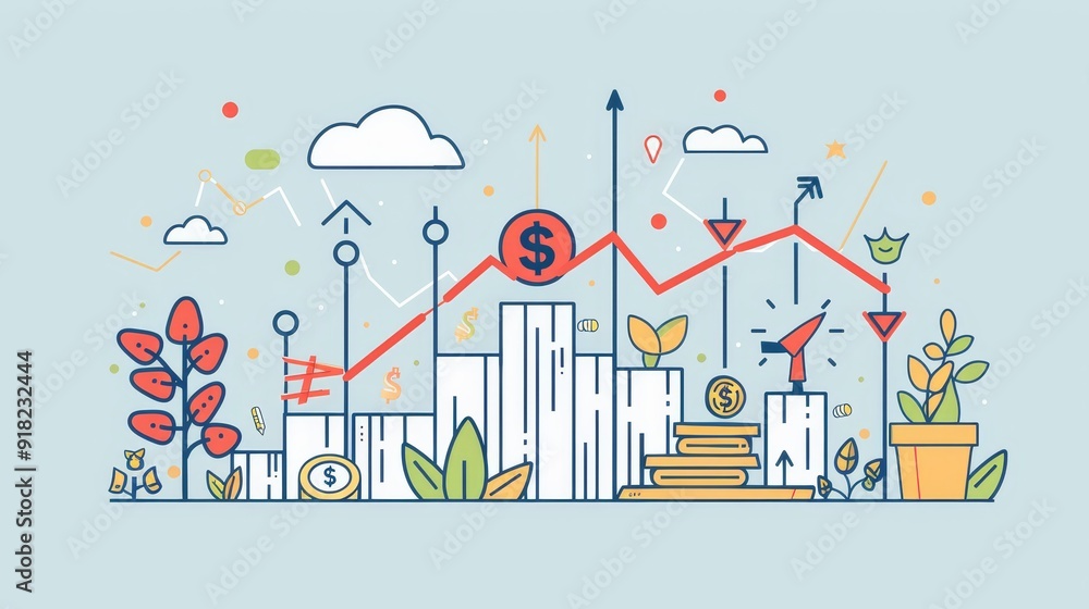 Business Growth and Financial Success: A Simple Line Art Illustration - The illustration symbolizes financial growth, success, and the power of investment. The upward trend line represents progress, w Business Growth and Financial Success: A Simple Line Art Illustration - The illustration symbolizes financial growth, success, and the power of investment. The upward trend line represents progress, w