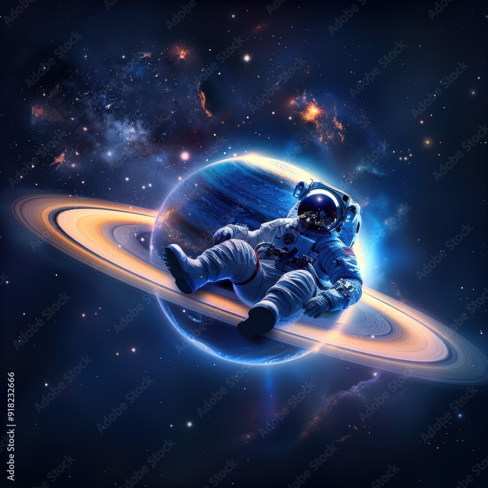 An astronaut floating in space near a vibrant planet with rings, surrounded by stars. An astronaut floating in space near a vibrant planet with rings, surrounded by stars.