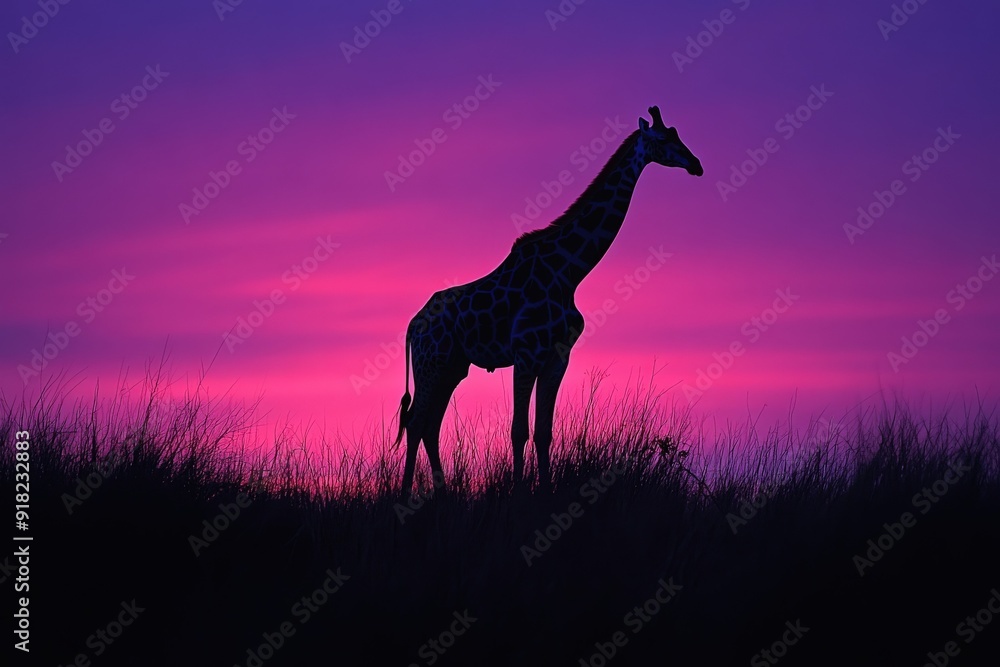 A silhouette of a giraffe against a vibrant purple and pink sunset sky.