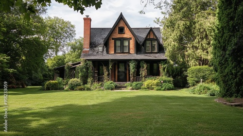 Charming Victorian House with Lush Green Lawn - A beautiful Victorian house with a green lawn, surrounded by trees and flowers, symbolizing tranquility, home, nature, beauty, and prosperity.