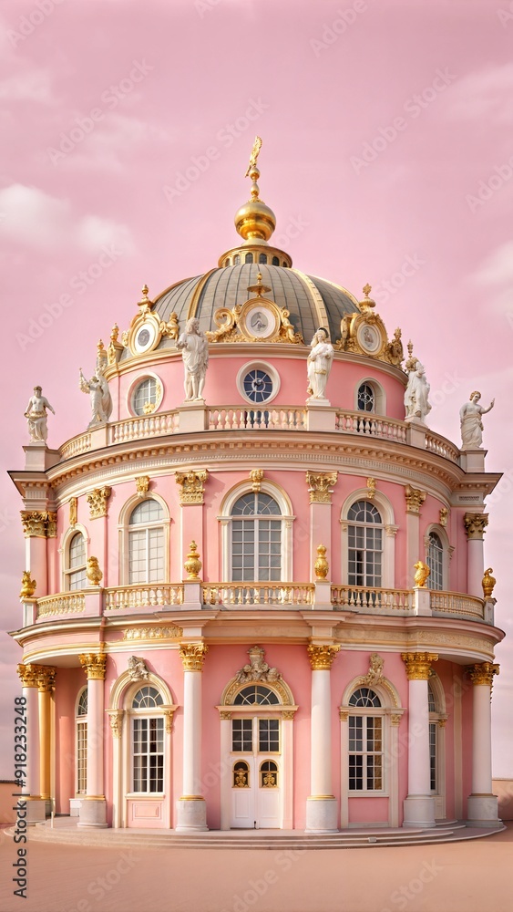 Obraz premium A whimsical pink architectural model on a pink background showcasing intricate details and classic design elements. Generative AI
