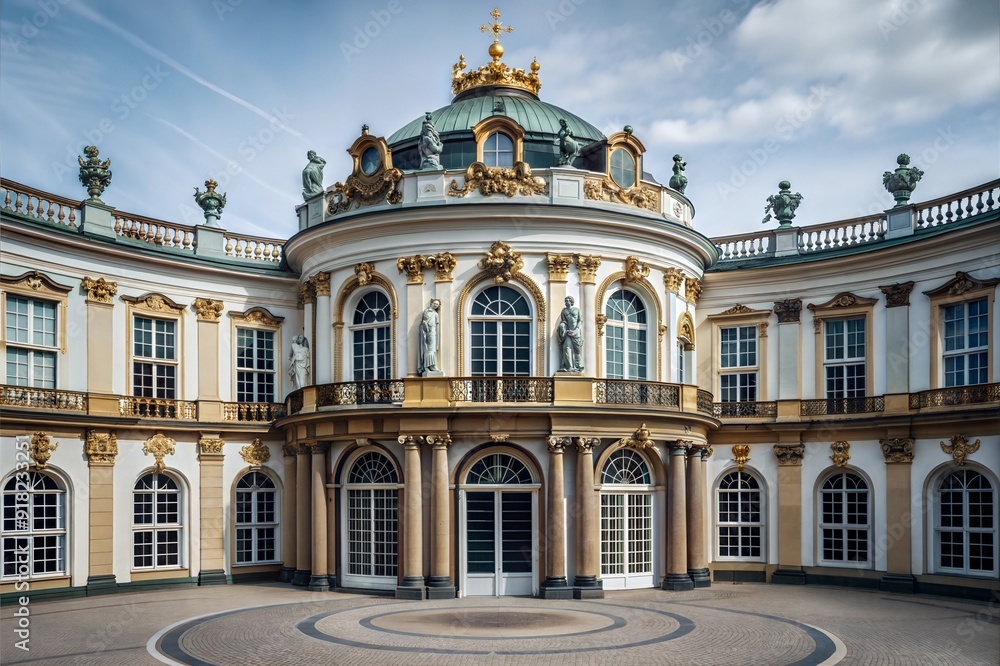 Beautiful baroque architecture of a grand palace courtyard captured during the day with intricate statues and detailed embellishments in the background. Generative AI