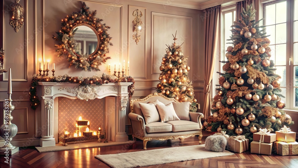 A cozy living room with a fireplace, a couch, and a Christmas tree A cozy living room with a fireplace, a couch, and a Christmas tree