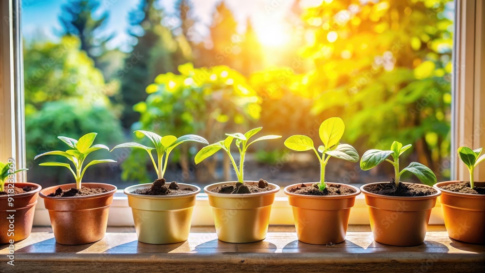 Flower seedlings growing on a sunny windowsill , gardening, plants, green, growth, nature, interior, home, potted, sunshine Flower seedlings growing on a sunny windowsill , gardening, plants, green, growth, nature, interior, home, potted, sunshine