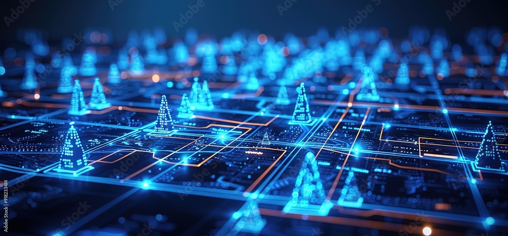 © original logo - Abstract digital background of glowing blue Christmas trees connected by lines and dots on a circuit board. Futuristic holiday theme with technology and network concept.