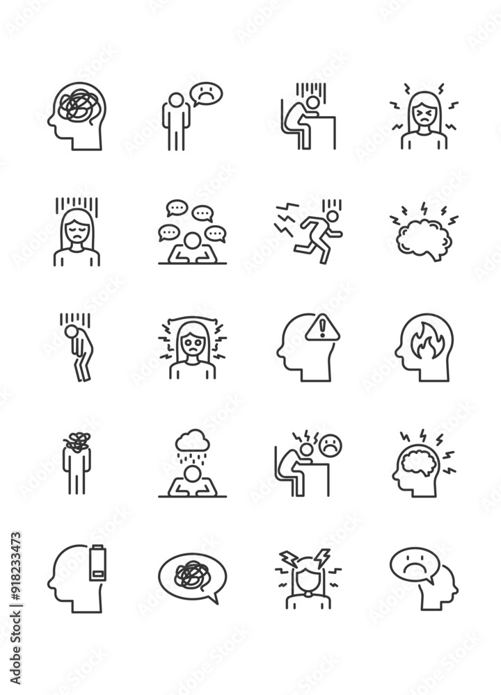 set of stress icons, unhappy mood, anxiety set of stress icons, unhappy mood, anxiety