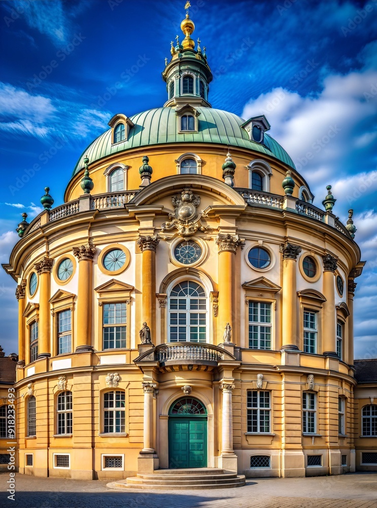 Obraz premium Historic baroque building with a green copper dome and intricate detailing under a clear blue sky in a lively city setting. Generative AI