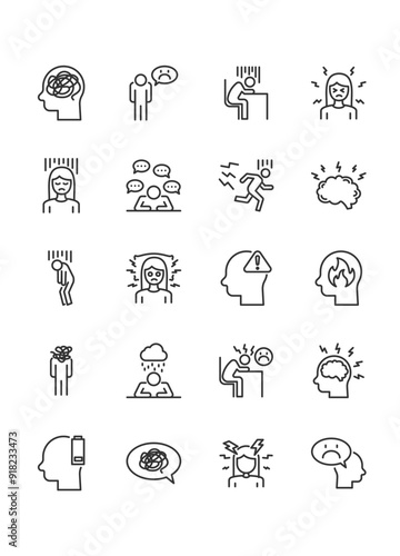 set of stress icons, unhappy mood, anxiety