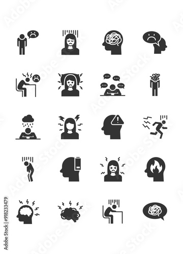 set of stress icons, unhappy mood, anxiety