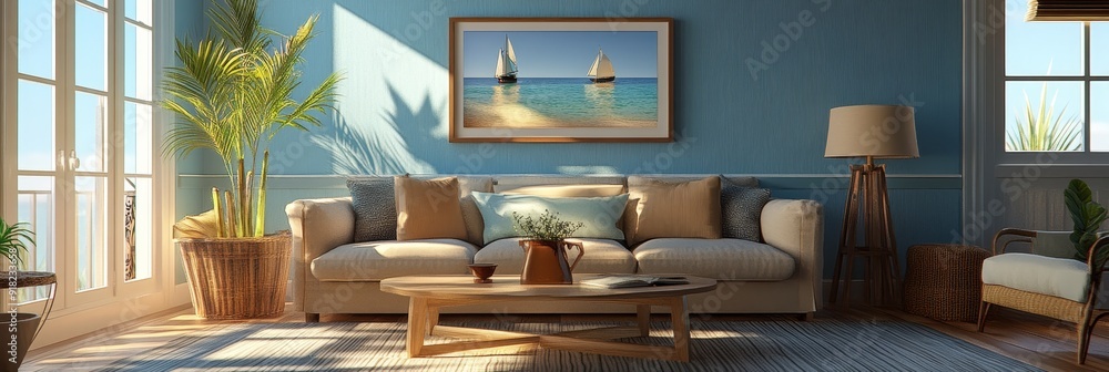 Coastal Living Room with Stunning Ocean View - A bright and airy living room with a cozy sofa, a large window offering an ocean view, and a framed seascape painting. The room features a wooden coffee Coastal Living Room with Stunning Ocean View - A bright and airy living room with a cozy sofa, a large window offering an ocean view, and a framed seascape painting. The room features a wooden coffee