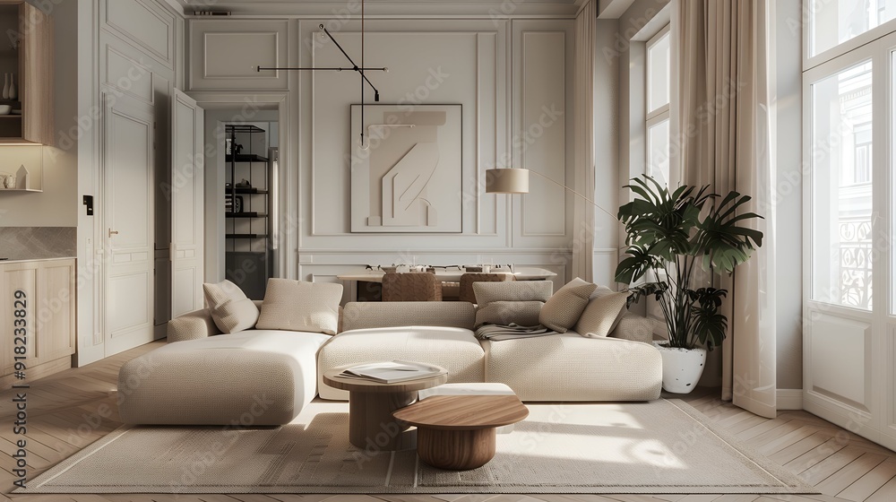 Modern home interior design characterized by an elegant living room featuring a comfortable sofa, mid century furniture, cozy carpet, wooden floor, white walls, and home plants. Modern home interior design characterized by an elegant living room featuring a comfortable sofa, mid century furniture, cozy carpet, wooden floor, white walls, and home plants.