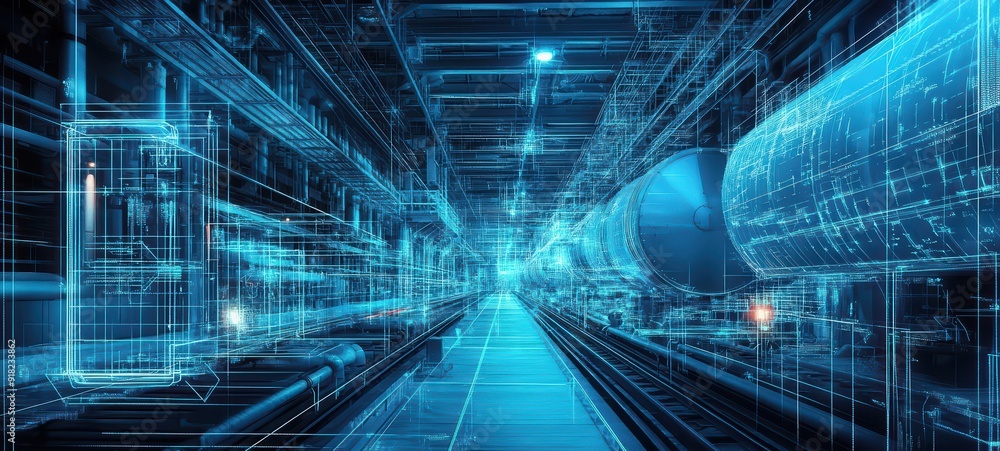 A clean and precise illustration of a steel infrastructure with detailed blue blueprint overlays A clean and precise illustration of a steel infrastructure with detailed blue blueprint overlays