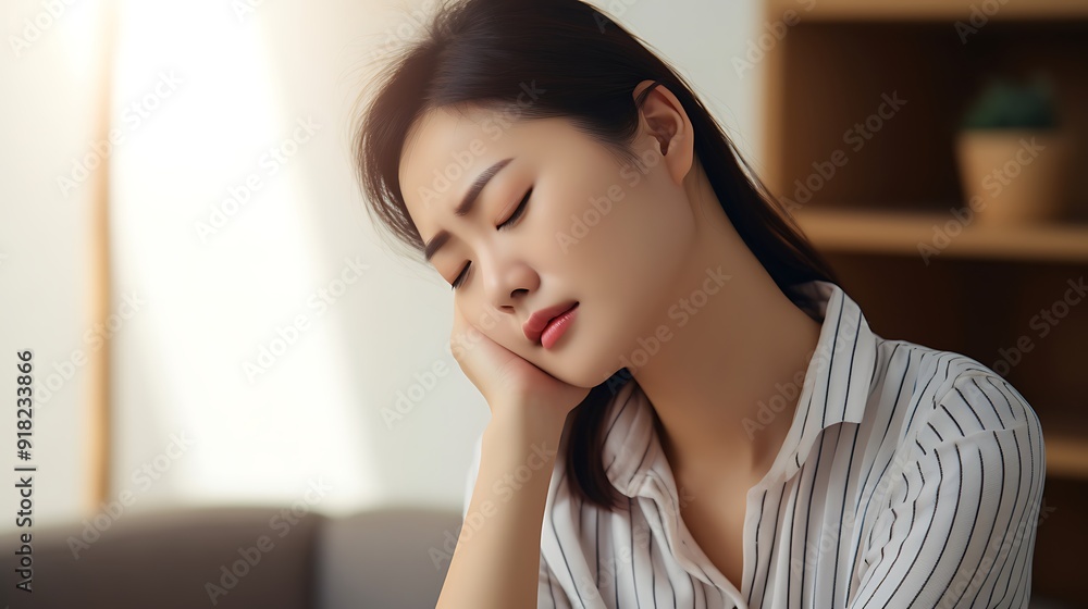 Asian woman with neck pain, massaging sore area Asian woman with neck pain, massaging sore area
