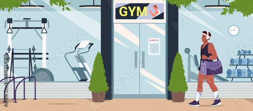 Man walking to gym door for healthy fitness training. Young guy wearing headphones strolling up to modern glass exterior of fitness club with exercise equipment inside cartoon vector illustration