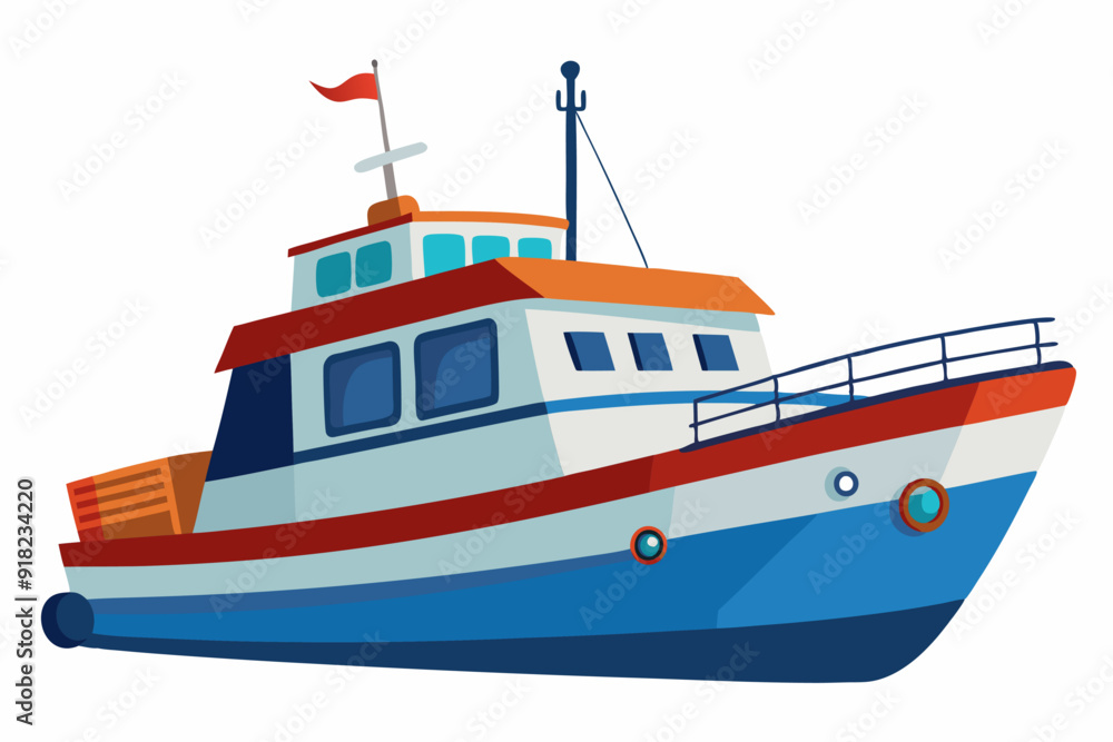 Cartoon Illustration of a Small Blue and Red Boat with a Red Flag Cartoon Illustration of a Small Blue and Red Boat with a Red Flag